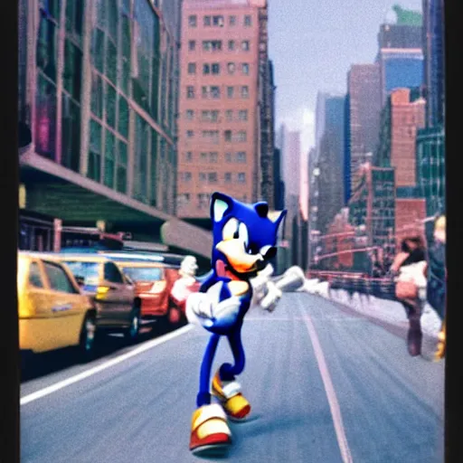 Image similar to polaroid image of sonic the hedgehog skating in new york city