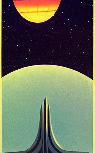 Prompt: poster of a spaceship flying through the galaxy with a planet visible above, 1950s art deco, retrofuturism, edward hopper,