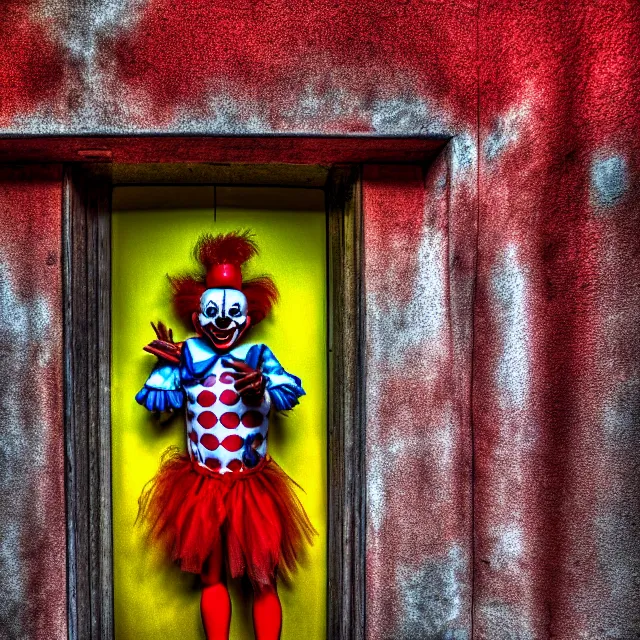 Image similar to creepy clown peering round a doorway, highly detailed, 8 k, hdr, smooth, sharp focus, high resolution, award - winning photo