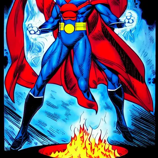 Image similar to a man in a blue suit standing in front of a fire ball, a comic book panel by jim lee, featured on deviantart, rayonism, dc comics, apocalypse art, parallax