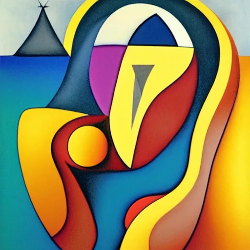 Image similar to woman woman as the natural landscape, her curves form the mountains and rivers of this land , high quality art in the style of cubism and georgia o’keefe,