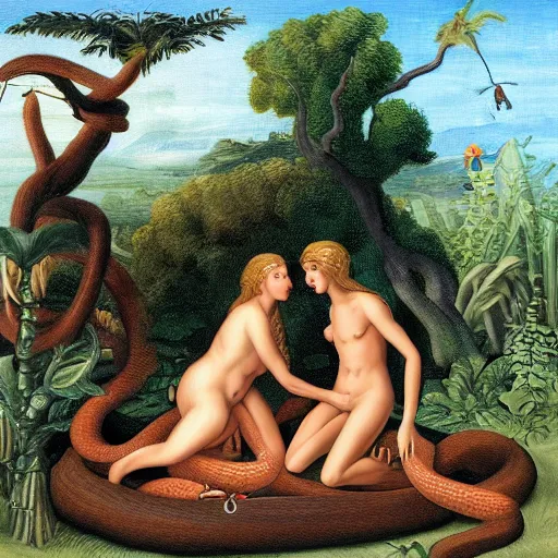 Prompt: adam and eve siting in the garden of eden rosting a snake over a campfire ultrarealistic 1 5 0 mpx