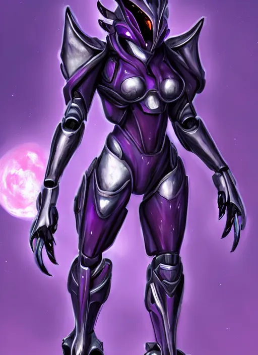 Image similar to cinematic goddess full shot, beautiful stunning hot anthropomorphic robot mecha female dragon, sleek dragon head, metal ears, led purple eyes, smooth fuschia skin, smooth silver armor, floating in space, holding a galaxy, epic proportions, epic size, epic detail, furry art, dragon art, giantess art, warframe fanart, furaffinity, octane