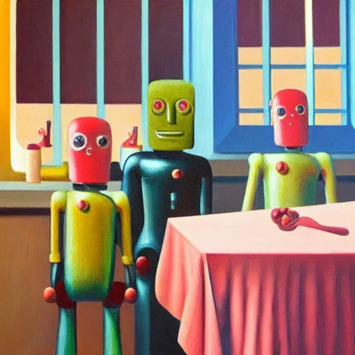 Image similar to robots made of ice cream, grant wood, pj crook, edward hopper, oil on canvas