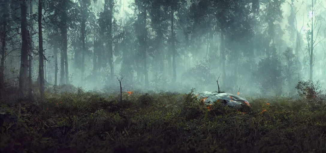 Prompt: cinematic, panorama, spaceship crashed overgrown vegetation, boreal forest, a storm of fire raining down, sharp focus, wideshot ultrawide angle epic scale, dynamic dramatic dark moody lighting, shadows, cinematic atmosphere, artstation, hyperrealistic 3 d digital art, octane render, 8 k 4 k uhd image