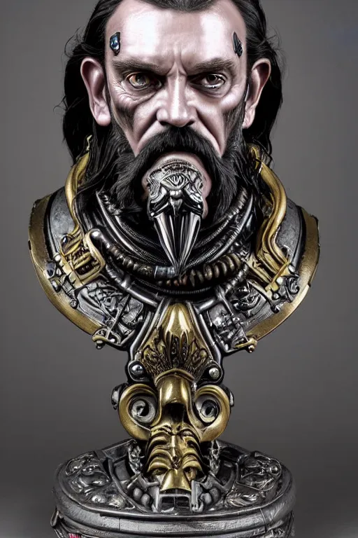 Image similar to a dramatic full-color art nouveau and ironpunk styled bust portrait of lemmy kilmister as a godlike and stoic alien king, with strong judging eyes, extremely detailed, art nouveau cybenetic engraved armor and intricately detailed angel-winged crown of cosmic power, perfectly symmetrical facial structure and framework, handsome yet brutal alien facial features of ancient swarth, by simon bisley, michael kaluta and travis charest, dark sci-fantasy, deeply ornate complexity, male face and bust, human anatomy mixed with cosmic alien and cyborg characteristics, sci-fi character concept, photorealism, art nouveau framing, stunning lighting, hyperrealism, 8k
