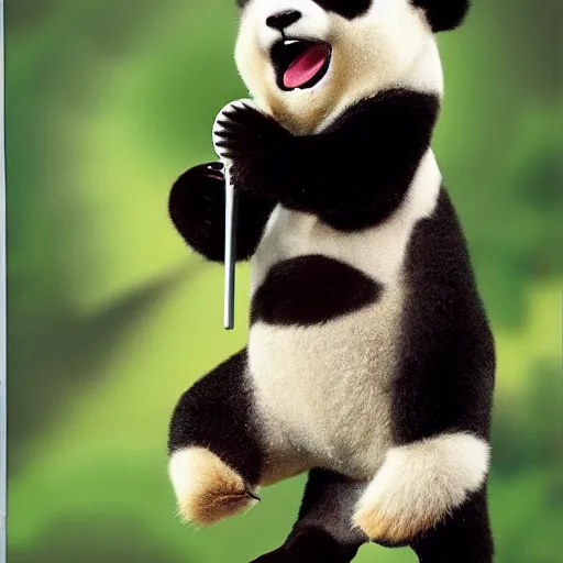 Prompt: a panda singing into a microphone, dramatic, beautiful, kodachrome film