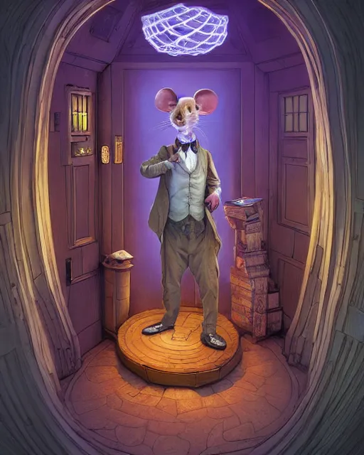 Image similar to anthropomorphic art of a detective mouse inside tardis, victorian inspired clothing by artgerm, victo ngai, ryohei hase, artstation. fractal papersand books. highly detailed digital painting, smooth, global illumination, fantasy art by greg rutkowsky, karl spitzweg, doctor who