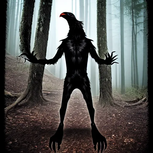 Image similar to werecreature consisting of a human and crow, photograph captured in a forest