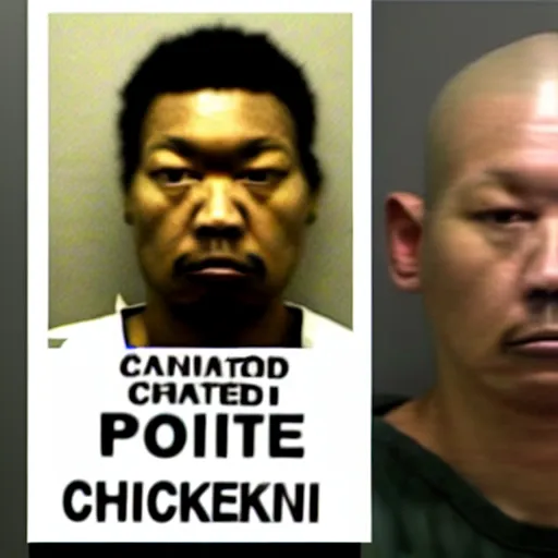 Image similar to inmate with chicken head, mugshot in a police station