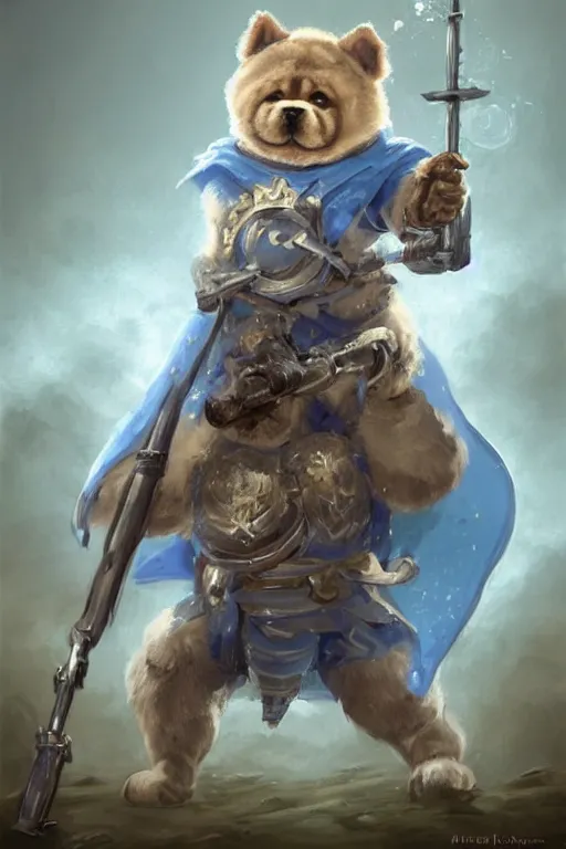 Image similar to cute anthropomorphic blue tong chow chow knight wearing a cape and a crown and holding a sniper, tiny, small, miniature chow chow, baby animal, short, pale blue armor, cute and adorable, pretty, beautiful, DnD character art portrait, matte fantasy painting, DeviantArt Artstation, by Jason Felix by Steve Argyle by Tyler Jacobson by Peter Mohrbacher, cinematic lighting