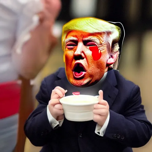 Prompt: crying donald trump in a highchair with pudding on face, gettyimages,