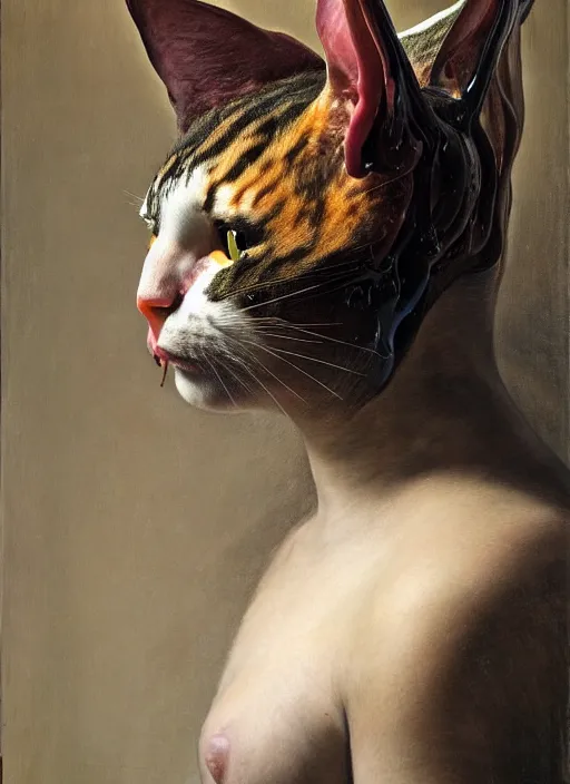 Image similar to strange, looming head, biomorphic painting of a woman cat hybrid by jenny saville and charlie immer, rachel ruysch, highly detailed, emotionally evoking, head in focus, volumetric lighting, melting, drippy oil painting,