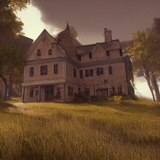 Prompt: the house on the hill, funereal gloomy mournful muted dreary tired shadowy harrowing photorealistic award - winning art detailed unreal engine