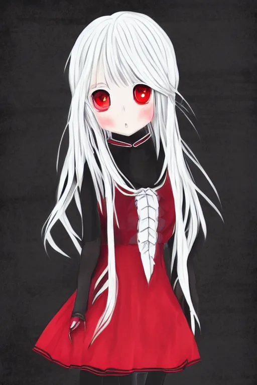 Prompt: Modern anime girl with chin length white hair, wearing red gothic lolita clothing, trending on Instagram, digital drawing, colored manga panel