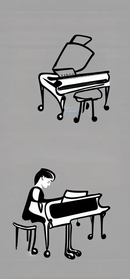 Prompt: fine line vector illustration of a very tiny white line pianist, blank black background, no detail, simple art,