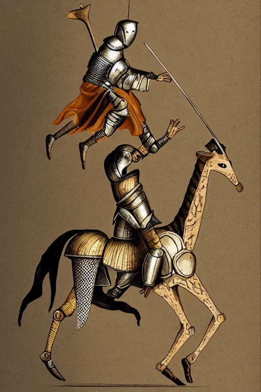 Prompt: a medieval knight in armor riding a giraffe