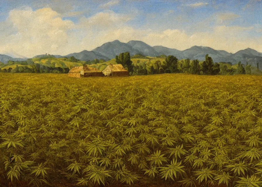 Image similar to cannabis fields in italian landscape, oil painting