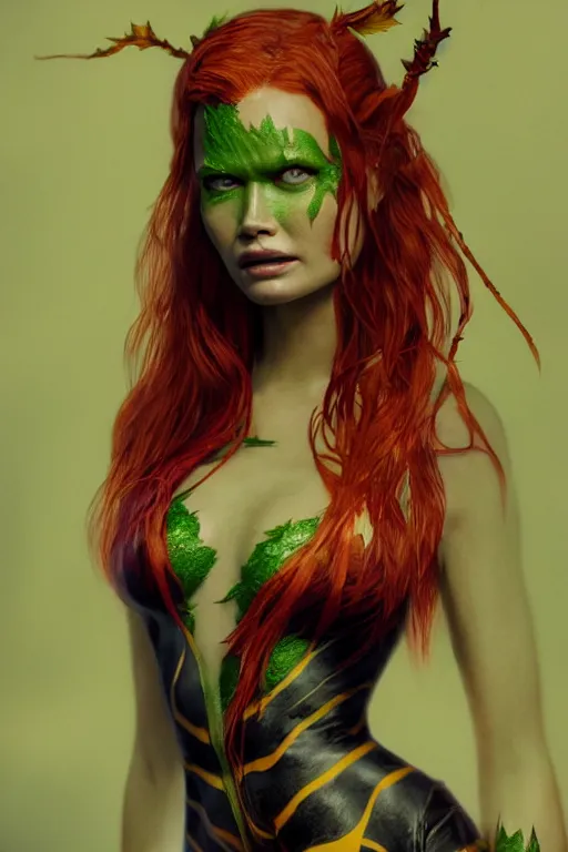 Image similar to Portrait of Behati Prinsloo as Poison Ivy making a duck face, in Batman movie still cinematic, artstation, Greg rutkowski, UHD 8K