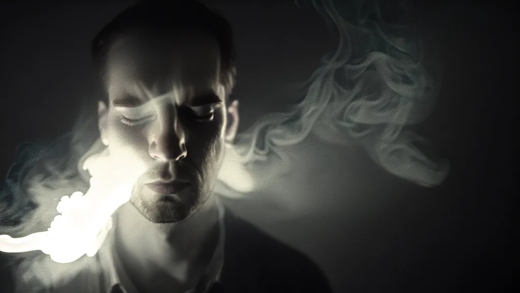 Image similar to a portrait of a handsome man who lies on the ground with glowing smoke coming out of his head, fog, volumetric lighting, mystique, atmospheric, sharp focus, ultra detailed, noir art house, 4 k, cinematic, 3 5 mm