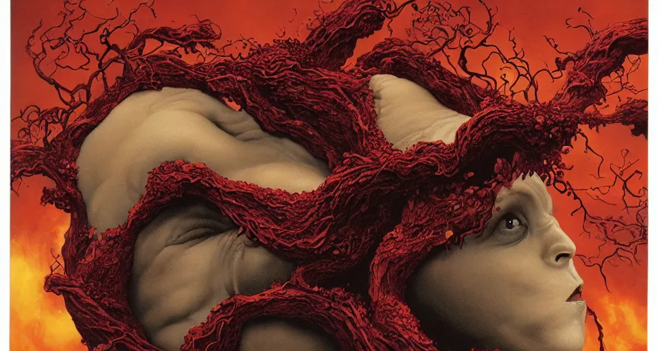 Image similar to a volcano made of ivory vines and crimson rocks enters in eruption, it spits a smoke in the shape of demonic eye, by Thomas Blackshear