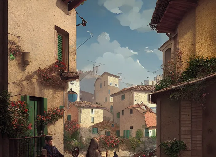 Image similar to seen through a window, italian village, by ilya kuvshinov, rtx rendering, octane render 1 2 8 k, maya, extreme high intricate details by tom bagshaw, composition by sana takeda, lighting by greg rutkowski