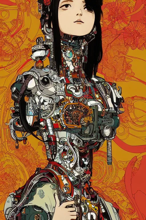 Prompt: beautiful cyborg portrait girl female illustration detailed patterns art of thai traditional dress, pop art, splash painting, art by geof darrow, ashley wood, alphonse mucha, makoto shinkai