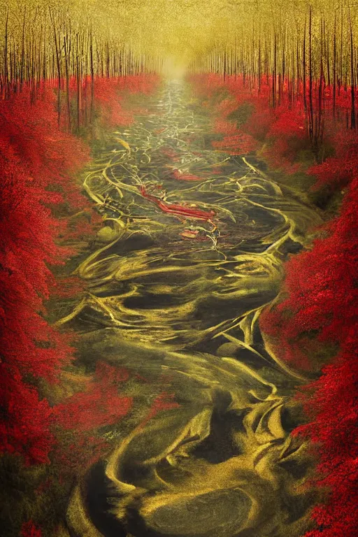 Image similar to immaculate painting of A Beautiful fine detailed gold and red and black Forest Illusion by erik johansson micro detailing