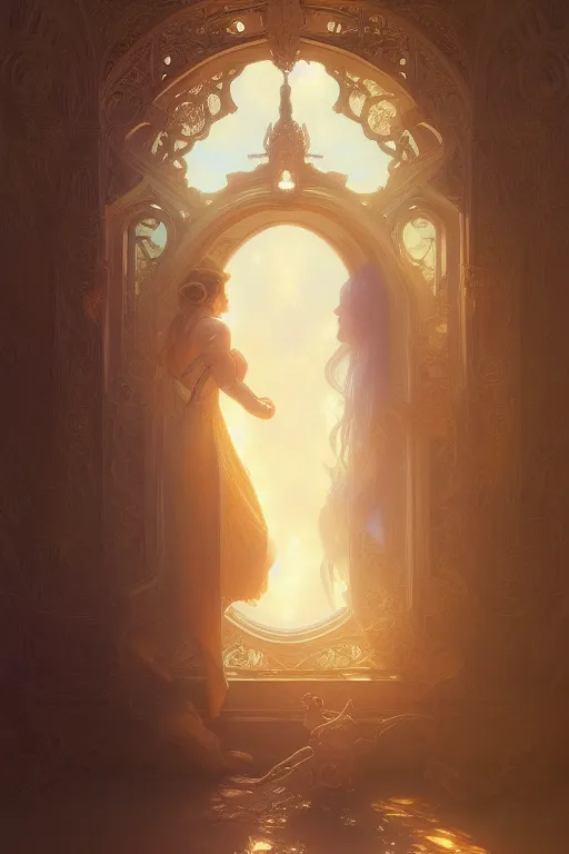 Image similar to painting of a shy noon in front of a dimensional portal, decorated, intricate, elegant, highly detailed, digital painting, artstation, concept art, smooth, sharp focus, illustration, art by artgerm and greg rutkowski and alphonse mucha, 8 k