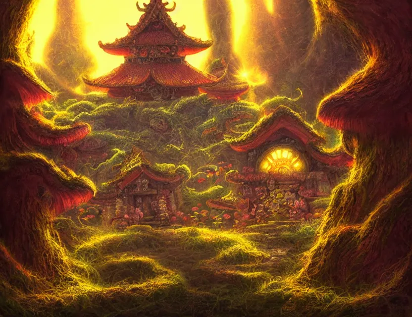 Prompt: fungus temple. oil painting by award - winning mangaka, bloom, chiaroscuro, backlighting, intricate details, depth of field.