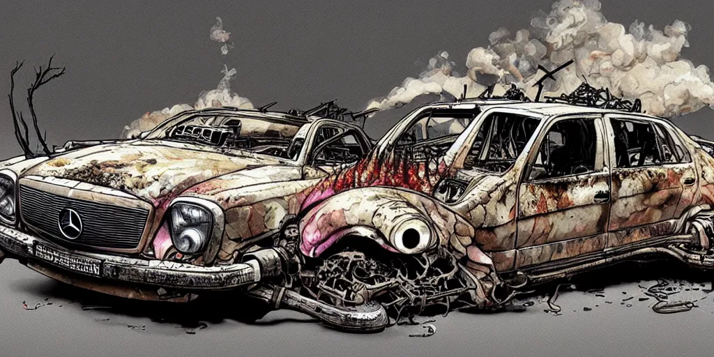 Image similar to a big woman axolotl in evil burning wrecked mercedes 1 2 4, ultrafine hyperdetailed illustration by kim jung gi