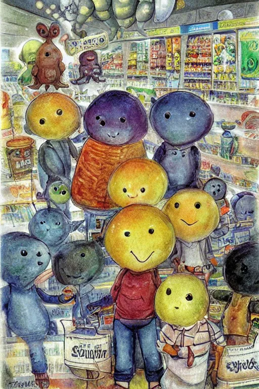 Image similar to cute aliens in a grocery store by jerry pinkney