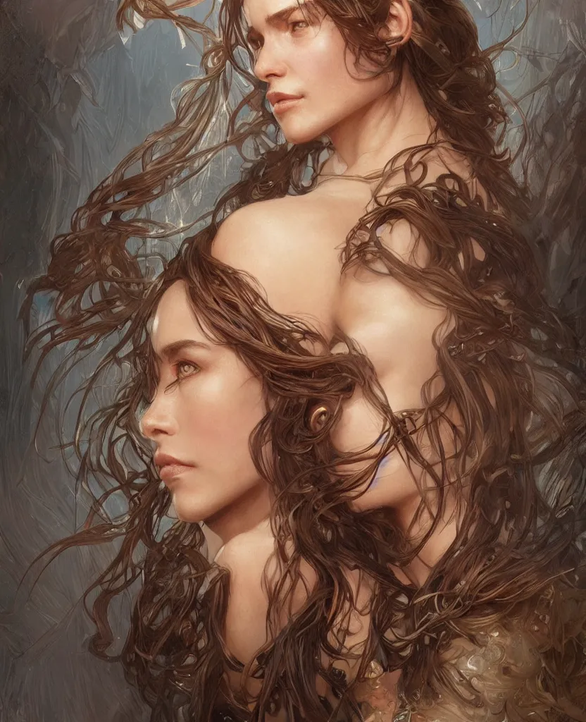 Image similar to portrait of a ruggedly beautiful goddess, soft hair, half body, leather, hairy, d & d, fantasy, intricate, elegant, highly detailed, digital painting, artstation, concept art, smooth, sharp focus, illustration, art by artgerm and greg rutkowski and alphonse mucha