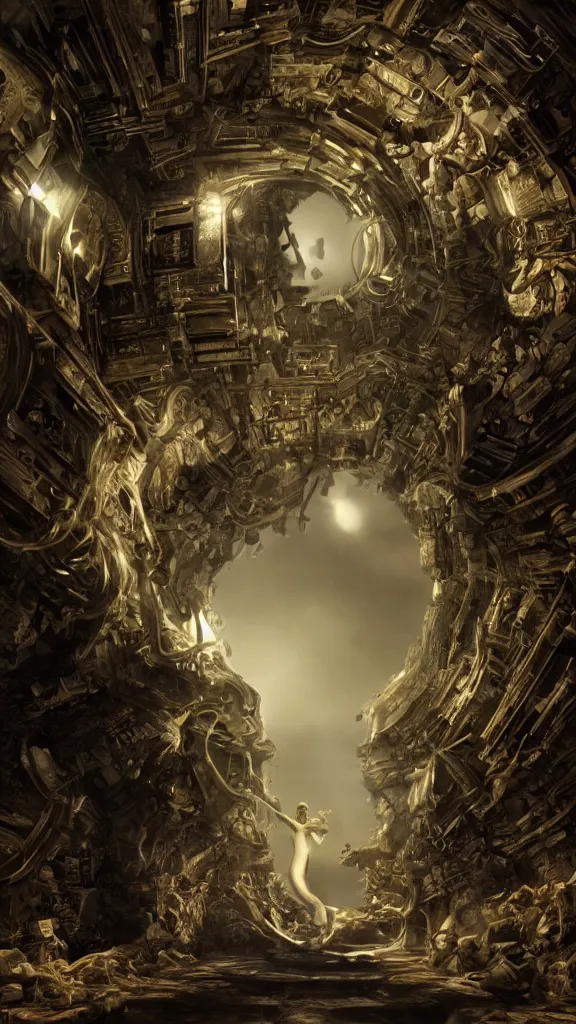 Prompt: the computer gods ascend, in the style of salvador dali, hyperrealistic, photorealistic, scifi illustration, 4 k, ultra hd, rendered in unreal engine 5, dark, gritty, beautiful color, highly detailed, evil, award winning, computers, technology, futuristic, mystical, dungeons and dragons, mechanical