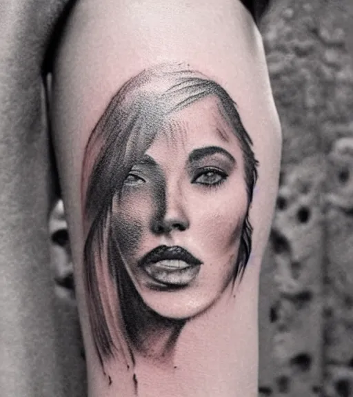 Image similar to tattoo design sketch of an extremely beautiful woman face with a faded background of beautiful mountains on her side, hyper - realistic, in the style of matteo pasqualin, amazing detail, black and white, faded