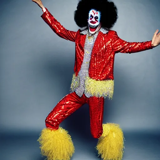 Prompt: uhd candid photo of disco stu wearing disco suit, intricate clown costume. photo by annie leibowitz