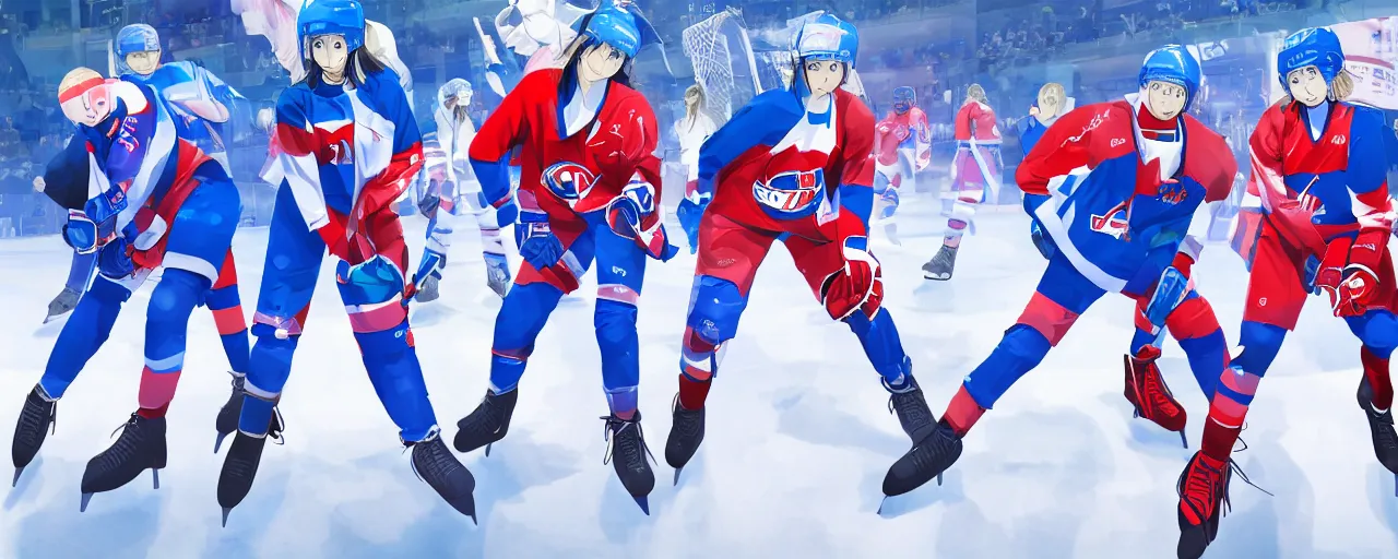 Image similar to females akira anime ice hockey players, wearing a light futuristic suit, habs and nordiques jerseys, blue white and red color blocking, character concept exploration, outfit designs, trending on artstation, photorealistic, 8k, background of vast ice rink tv crews and crazy crowd