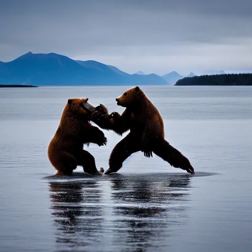 Image similar to kodiak bears kung - fu fighting on a lakefront using salmon as weapons, dusk, 8 k, hdr, cinematic, rule of thirds,