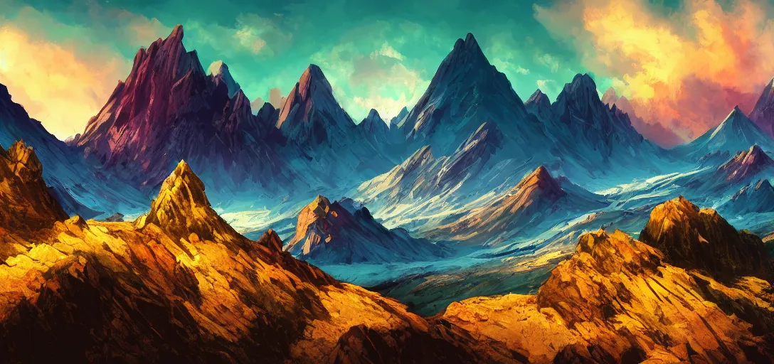 Prompt: vast mountain landscape, craggy, mountains, magic the gathering, three - colors, three - color color palette, panoramic, wide angle, horizon, 4 k resolution,