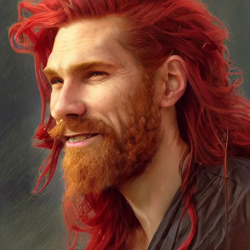 Prompt: portrait of a young ruggedly handsome but joyful pirate, male, masculine, upper body, red crimson hair, long long flowing hair, fantasy, proud smirk, intricate, elegant, highly detailed, digital painting, artstation, concept art, matte, sharp focus, illustration, art by artgerm and greg rutkowski and alphonse mucha