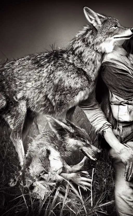 Image similar to Award winning Editorial photo of a Iroquois Native petting a wild coyote by Edward Sherriff Curtis and Lee Jeffries, 85mm ND 5, perfect lighting, gelatin silver process