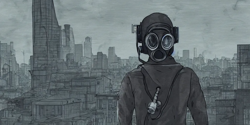 Image similar to A Guy with gas mask on top of a car looking at the city in the distance horizon, Digital art, Anime Style, Cinematic, Stalker Style, Post apocalypse