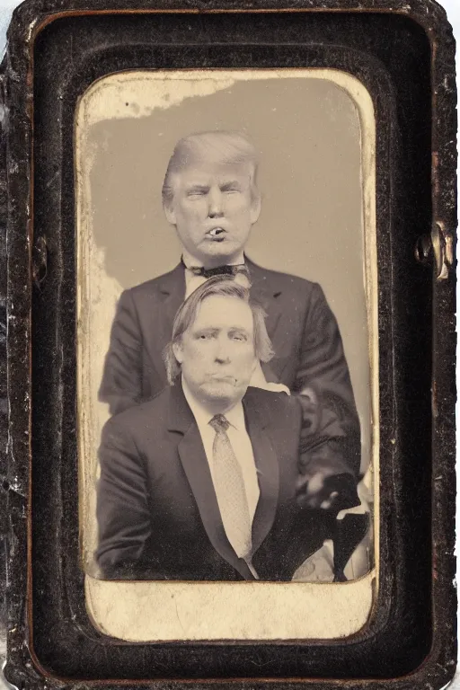 Image similar to a tintype photo of a caricature of Donald Trump