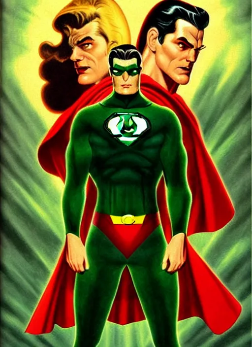 Image similar to twin peaks poster art, green lantern hero vs superman, old retro pulp noir comic cover, by michael whelan, rossetti bouguereau, artgerm, retro, nostalgic, old fashioned