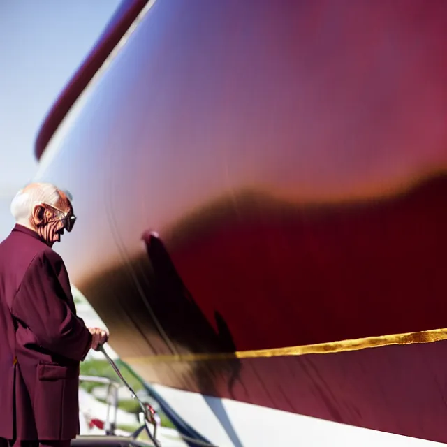 Image similar to wrinkled hunchbacked old man in musty burgundy suit, polishing painting the side of a huge gold plated mega yacht with a cloth, maintenance photo