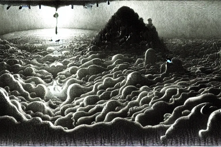 Image similar to magical art of a angelcore landscape by sidney sime gustave dore