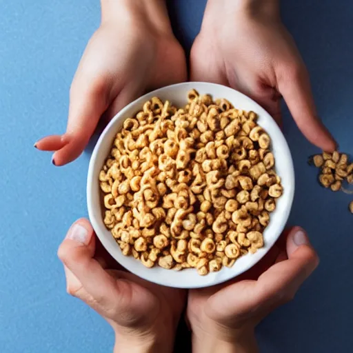 Image similar to a woman holding thunder in her hands over a bowl of cereal