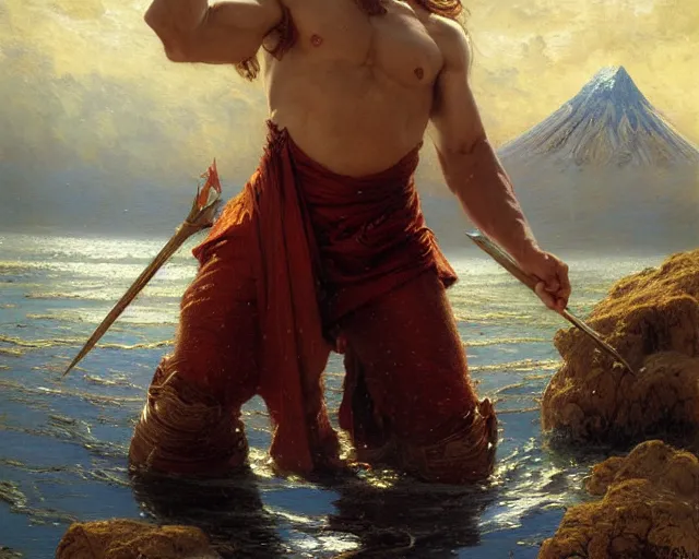 Image similar to attractive male wizard casting powerful giant tsunami spell in a beautiful lake. highly detailed painting by gaston bussiere, craig mullins, j. c. leyendecker 8 k