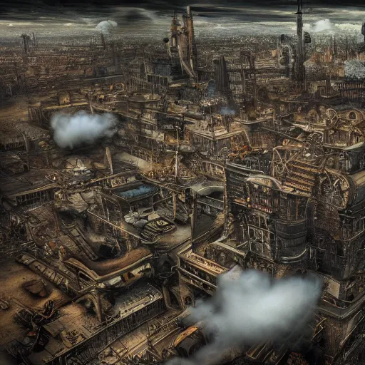 Image similar to steampunk city view from the sky, clouds, moody, cold, steampunk, realistic, high detail, 8 k photo, detail, clean, cinematic, fantasy, technology, engines, steam, steam machine, zeppelin,