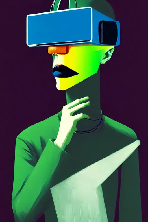 Image similar to trashcan hacker wearing oculus and digital glitch head edward hopper and james gilleard zdzislaw beksisnski higly detailed